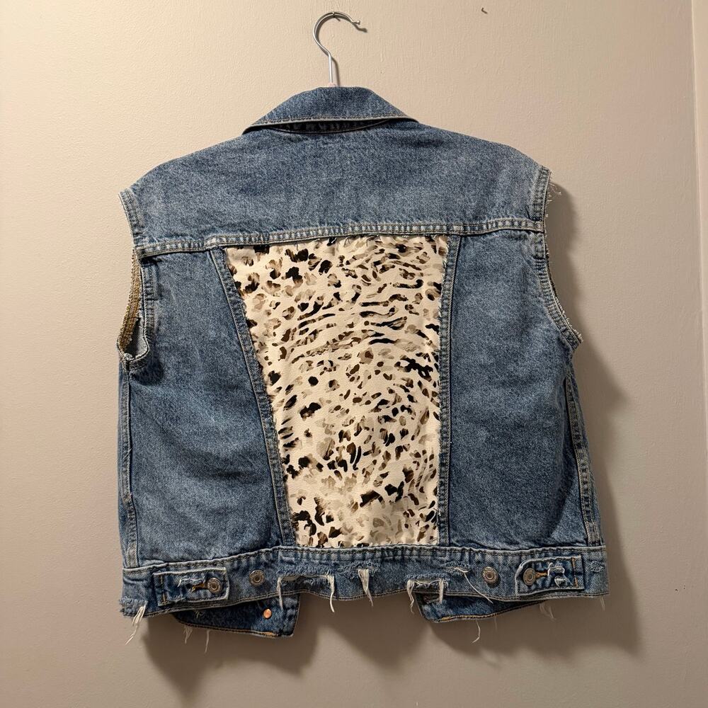 Animal print denim vest upcycle destressed